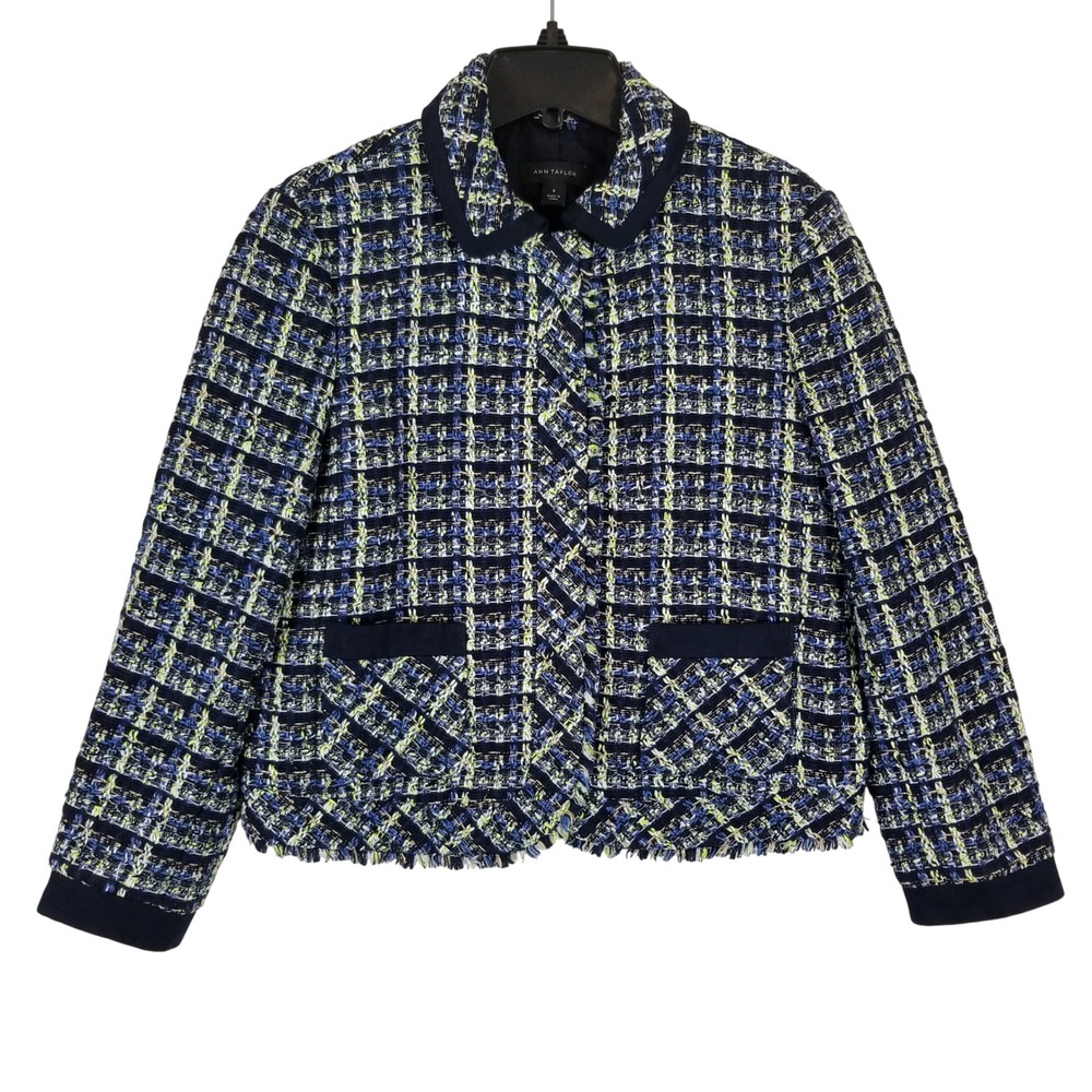 Ann Taylor Jacket Womens 8 Navy Blue Lime White Plaid Tweed Zip Front Collared